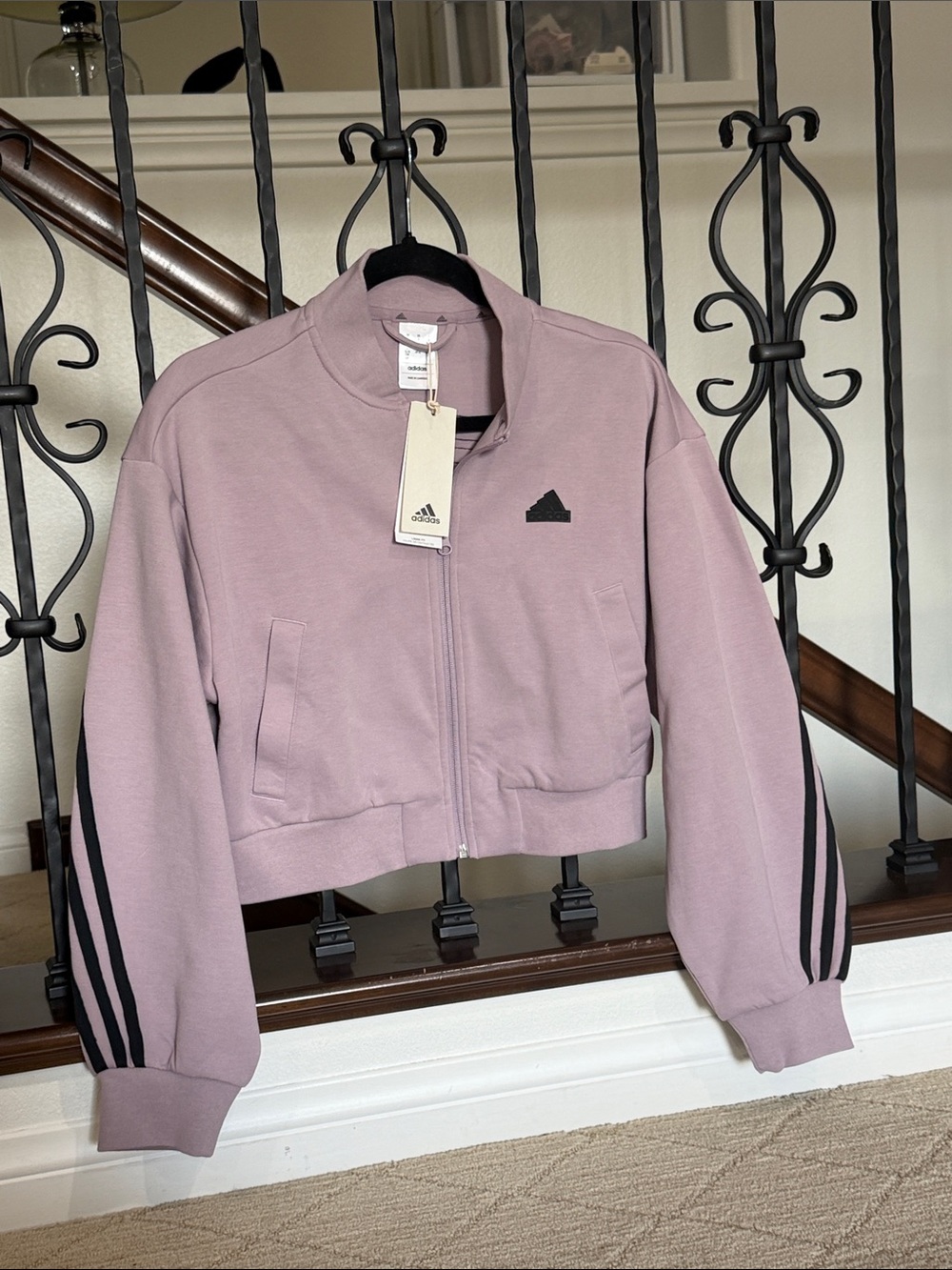 adidas Mauve Cropped Bomber Jacket with Black Stripe Sleeves